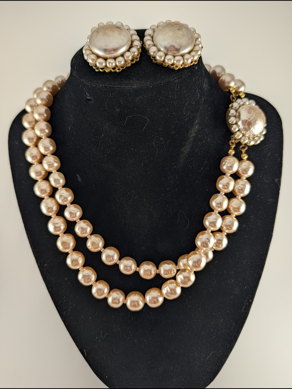 Miriam Haskell Signed Vintage Pearl Double-Strand Necklace and Clip Earrings